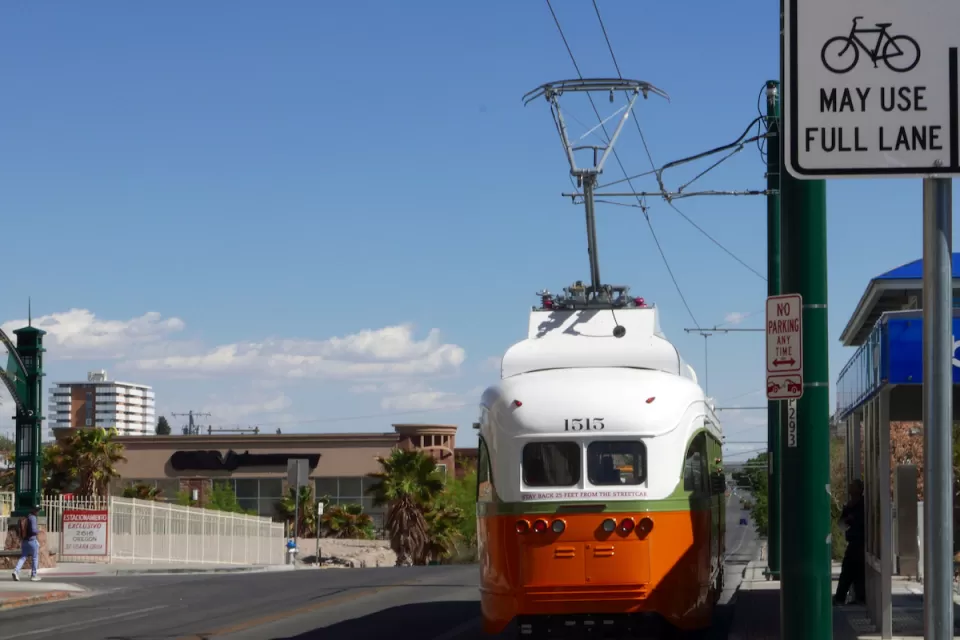Orange and white streetcar in El Paso, Texas.